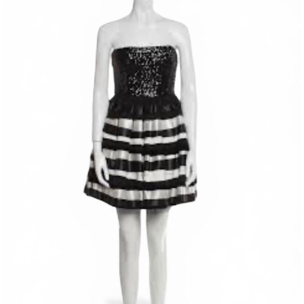 Alice + Olivia Sequin Strapless Mini Dress Black White Striped Layered Size XS/P